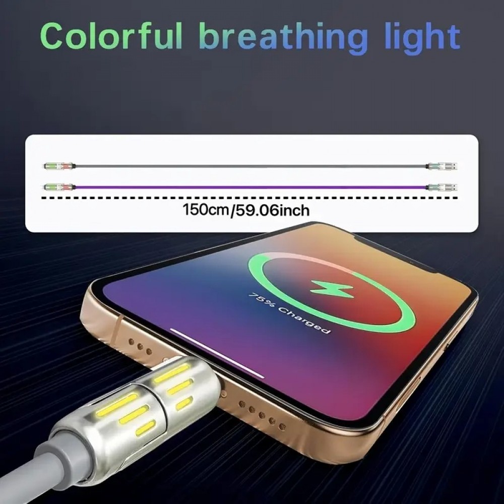 Câble USB 4-en-1 charge rapide 30W | USB-C vers USB silicone anti-nœuds LED RVB compatibilité multi-appareils et durable (2 m) - Gris